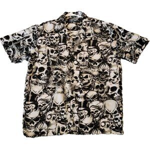 Y2K Sapphire Lounge Skulls all Over Print Button Down Short Sleeve Medium 38/40